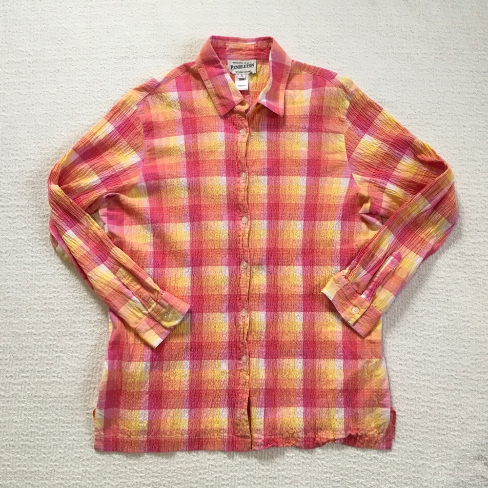 Pendleton Plaid Boho Spring Crinkle Button Down‎ Women's XL Cotton Blend